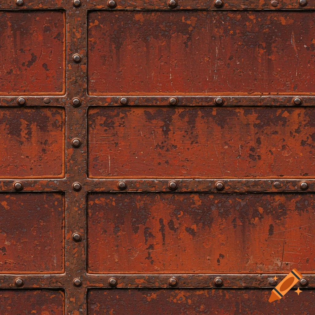 Close-up of a weathered, rusty metal surface with riveted strips forming rectangular panels.