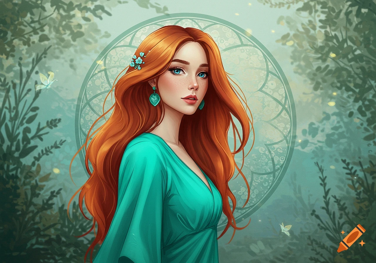 A vibrant illustration of a woman with long flowing red hair and blue ...