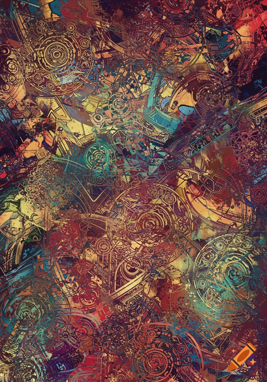 Vibrant abstract background with intricate gold, teal, and red overlapping patterns and textures.