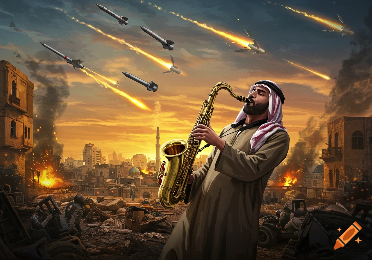 An illustration of a man in traditional Middle Eastern attire playing a saxophone amidst a war-torn city with missiles flying overhead at sunset.