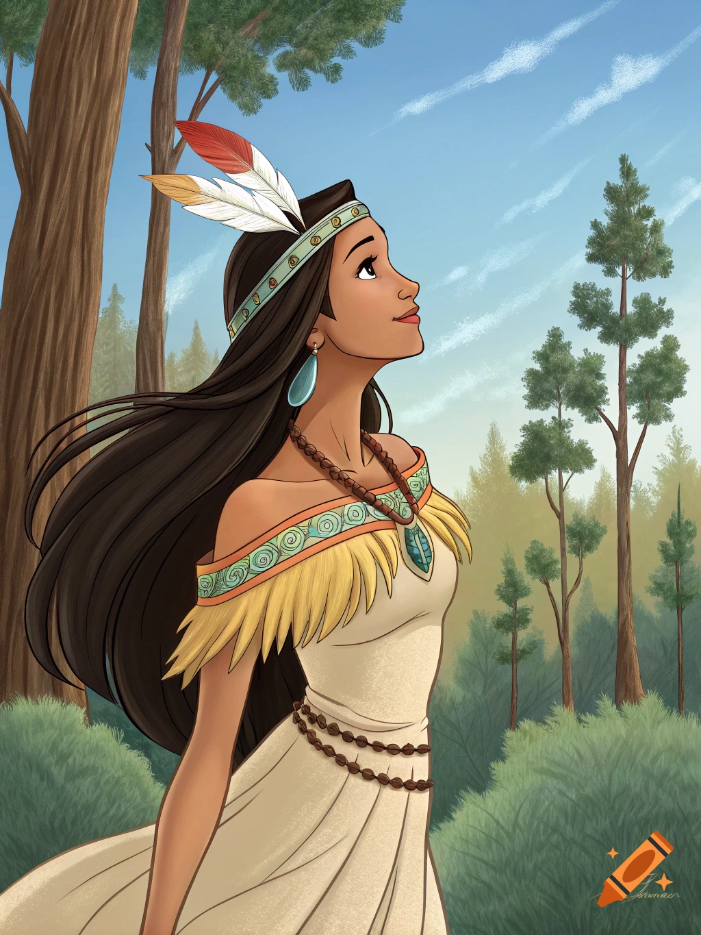 A cartoon Native American princess, resembling Pocahontas, with long dark hair, feathers, and a dress, looking up in a forest.