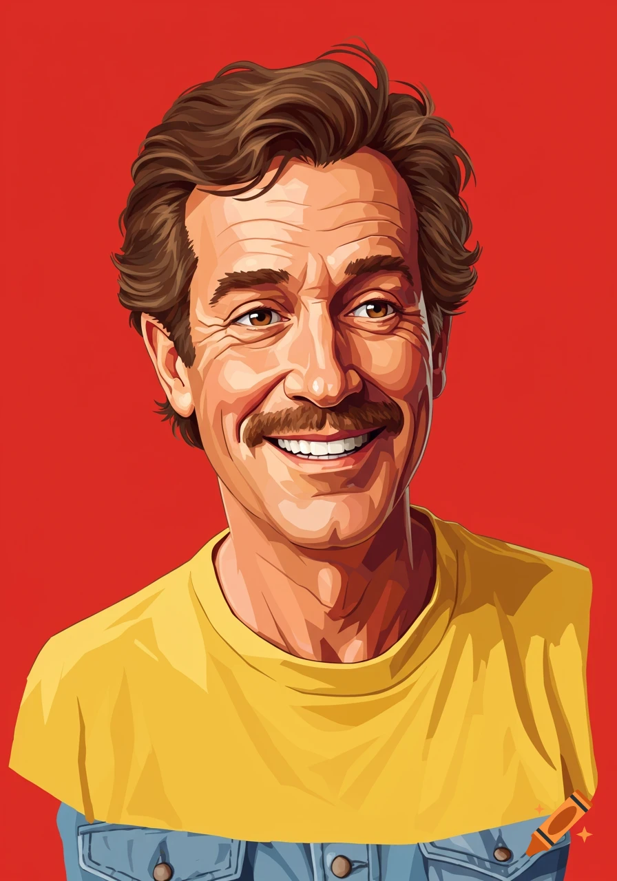 Vector art portrait of a smiling man with a mustache in a yellow t-shirt against a red background.