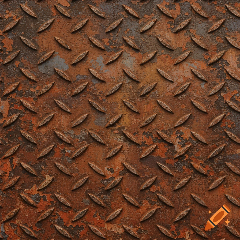 A close-up of rusted metal diamond plate.