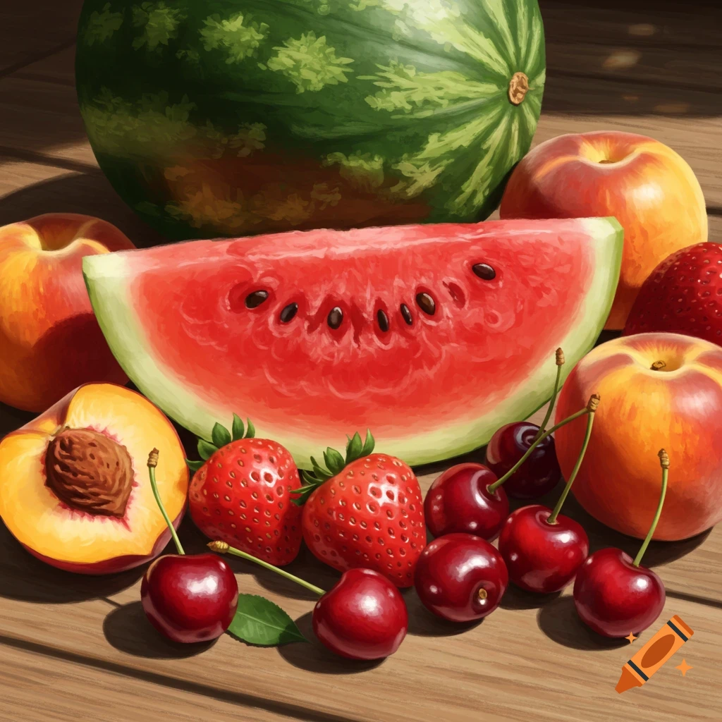 A vibrant still life painting of summer fruits including watermelon, peaches, strawberries, and cherries arranged on a wooden surface.