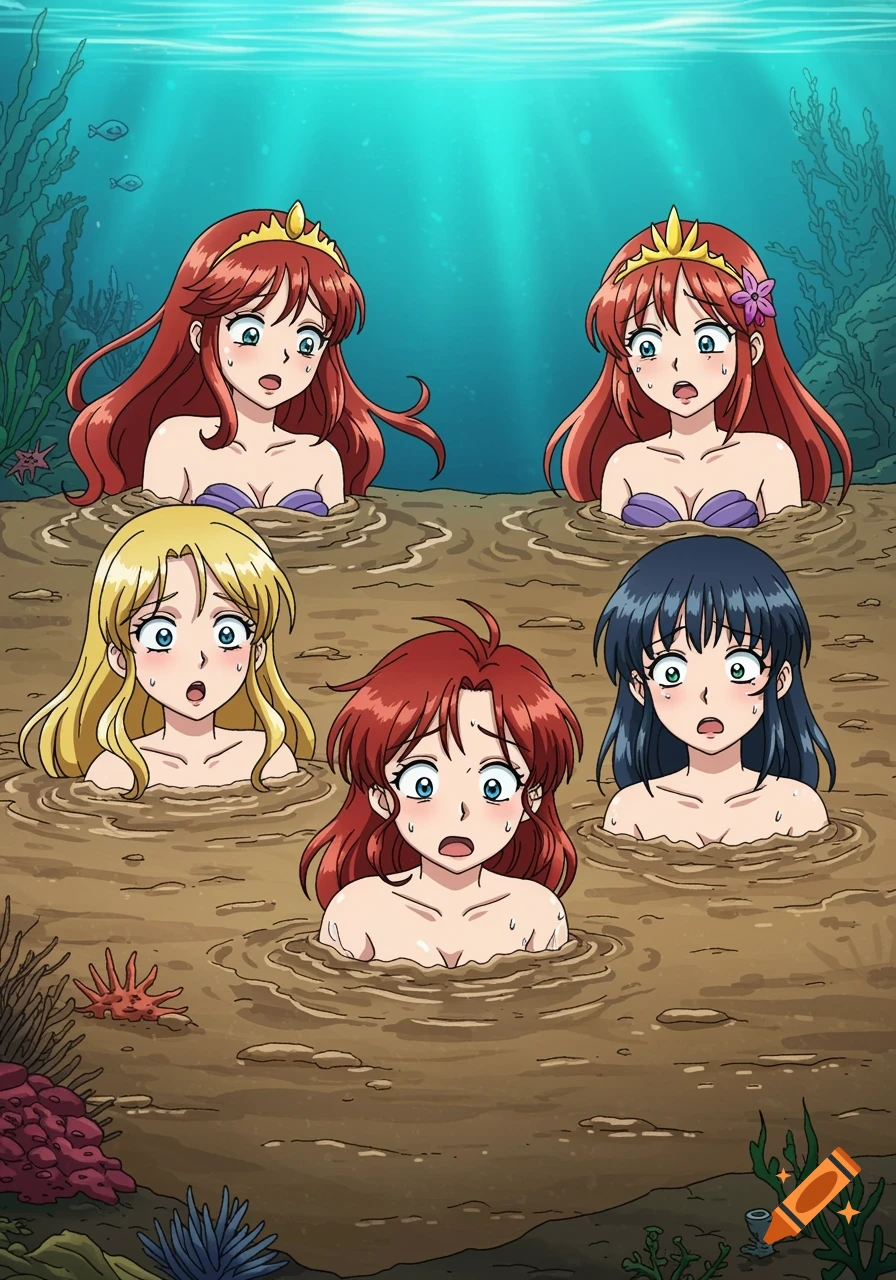 Five anime mermaid princesses with fearful expressions, mostly submerged in muddy quicksand on the ocean floor.