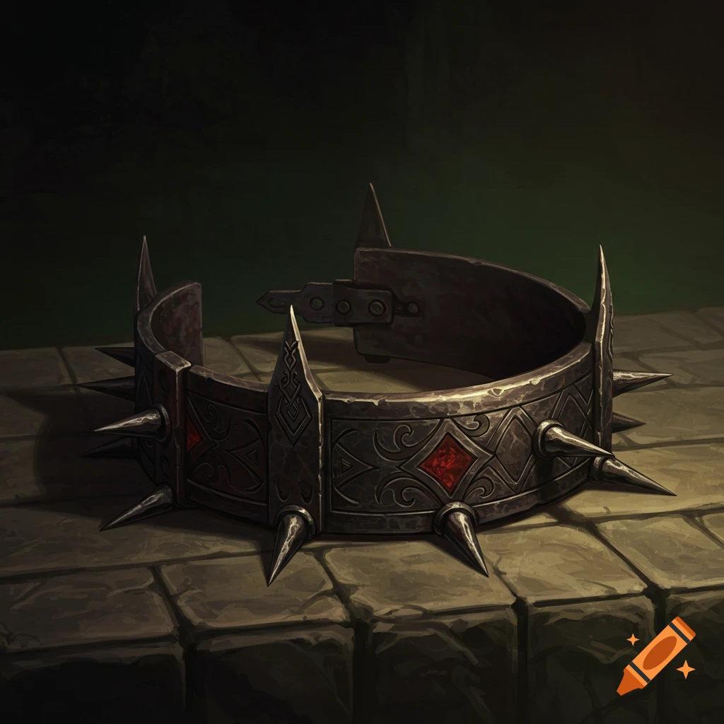 A detailed illustration of a dark, spiked metal collar with red gems, resting on a stone surface in a dungeon.