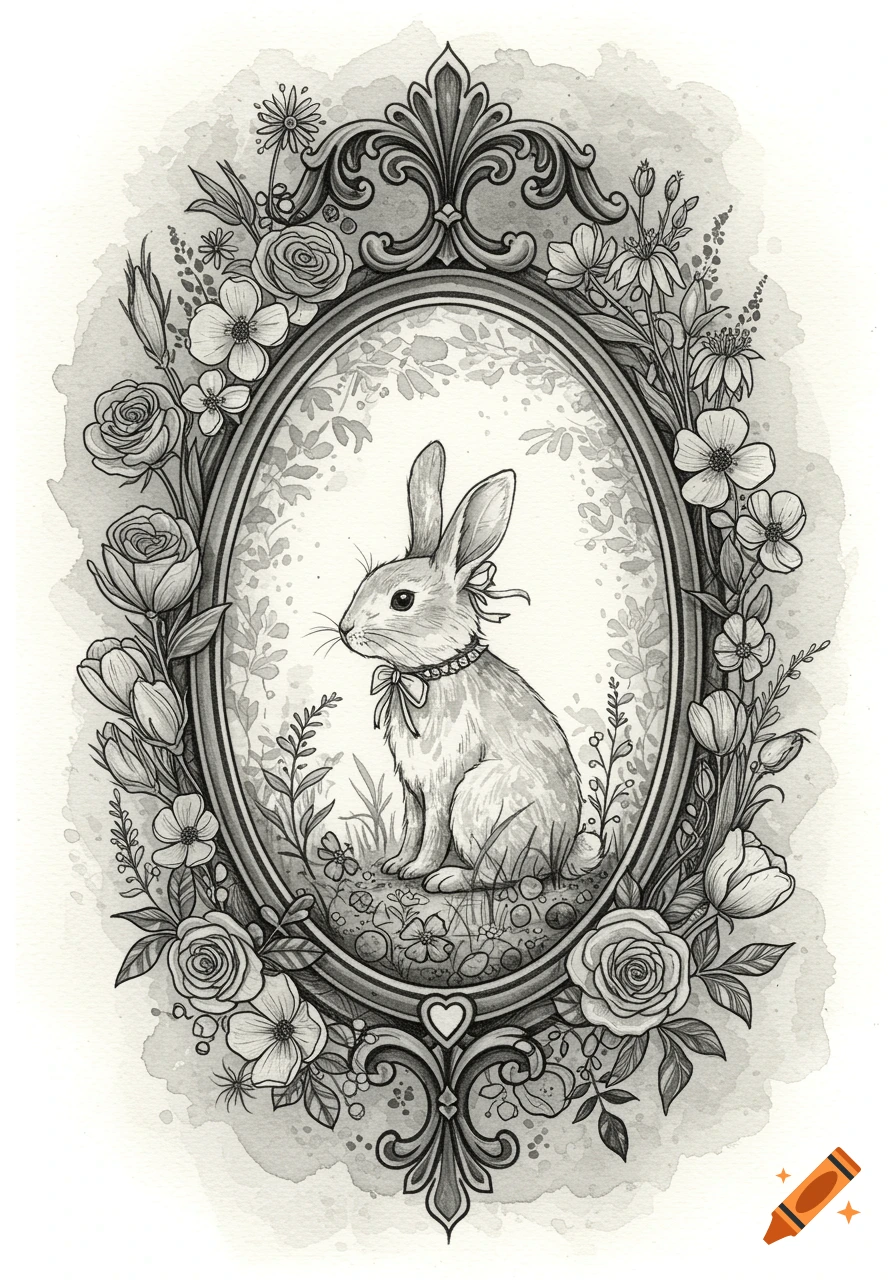 A black and white watercolor illustration of a bunny in an ornate oval floral frame.