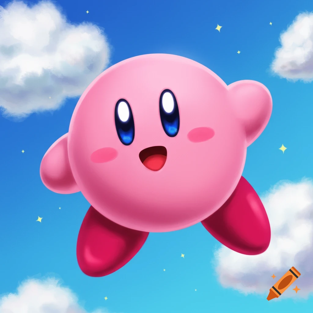 A pink spherical character, Kirby, floats joyfully in a bright blue sky with white clouds and yellow stars.
