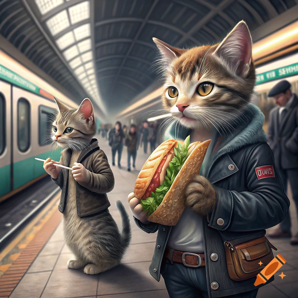 Two anthropomorphic cats in a photorealistic style at a subway station. One holds a large sandwich, the other a cigarette.