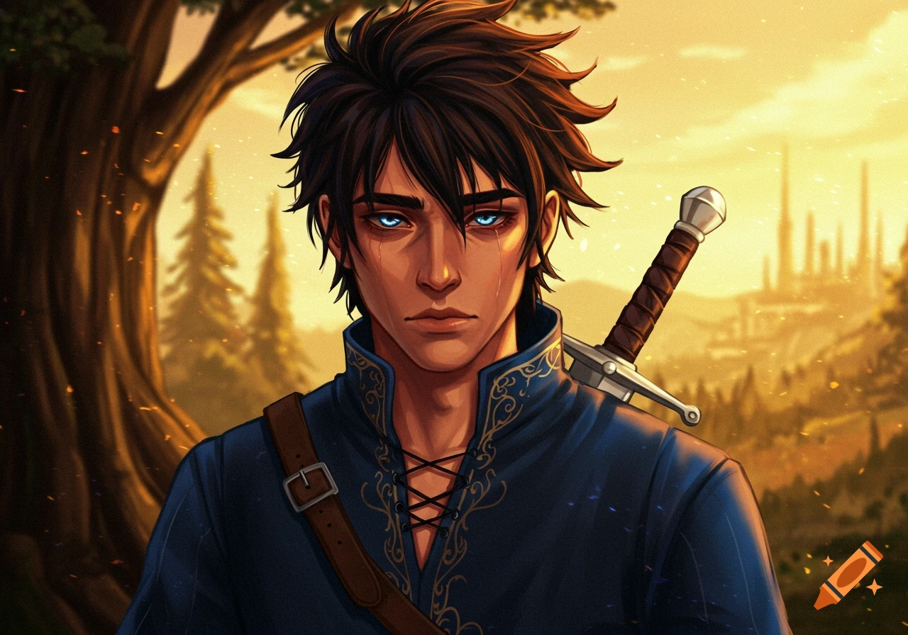 Digital illustration of a distressed male fantasy character with glowing blue eyes, messy brown hair, a blue tunic, and a sword in a golden landscape.