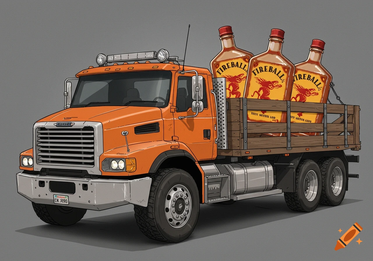 Stylized illustration of an orange heavy-duty truck carrying three large Fireball whiskey bottles in its flatbed.