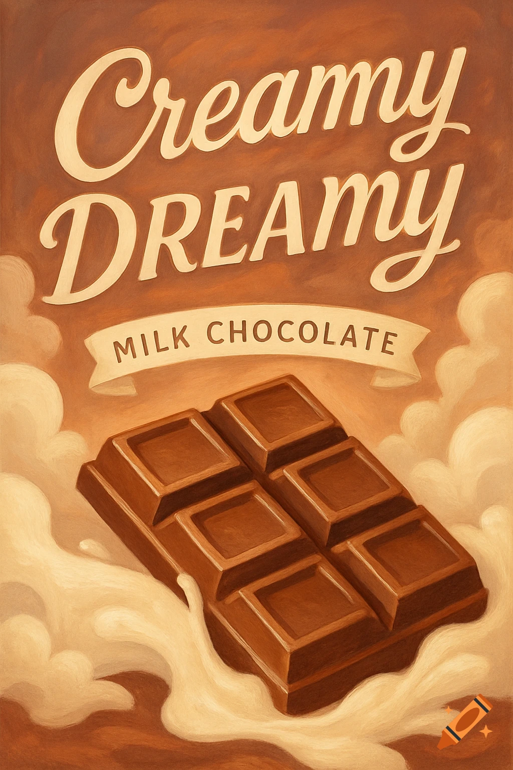 A vintage-style illustration of a chocolate bar with 'Creamy Dreamy Milk Chocolate' text on a brown background with white clouds.