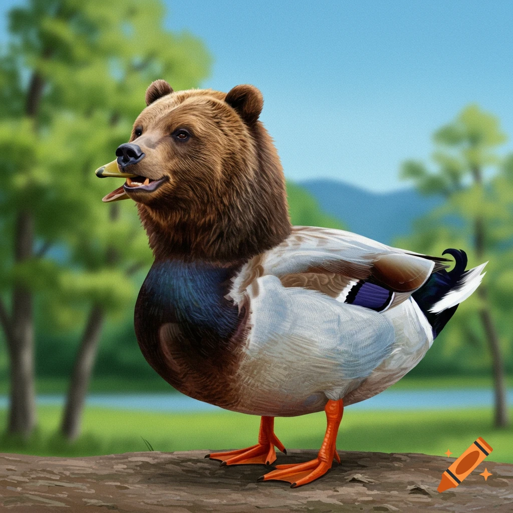 Photorealistic image of a hybrid creature with a grizzly bear head and a mallard duck body standing on a log outdoors.