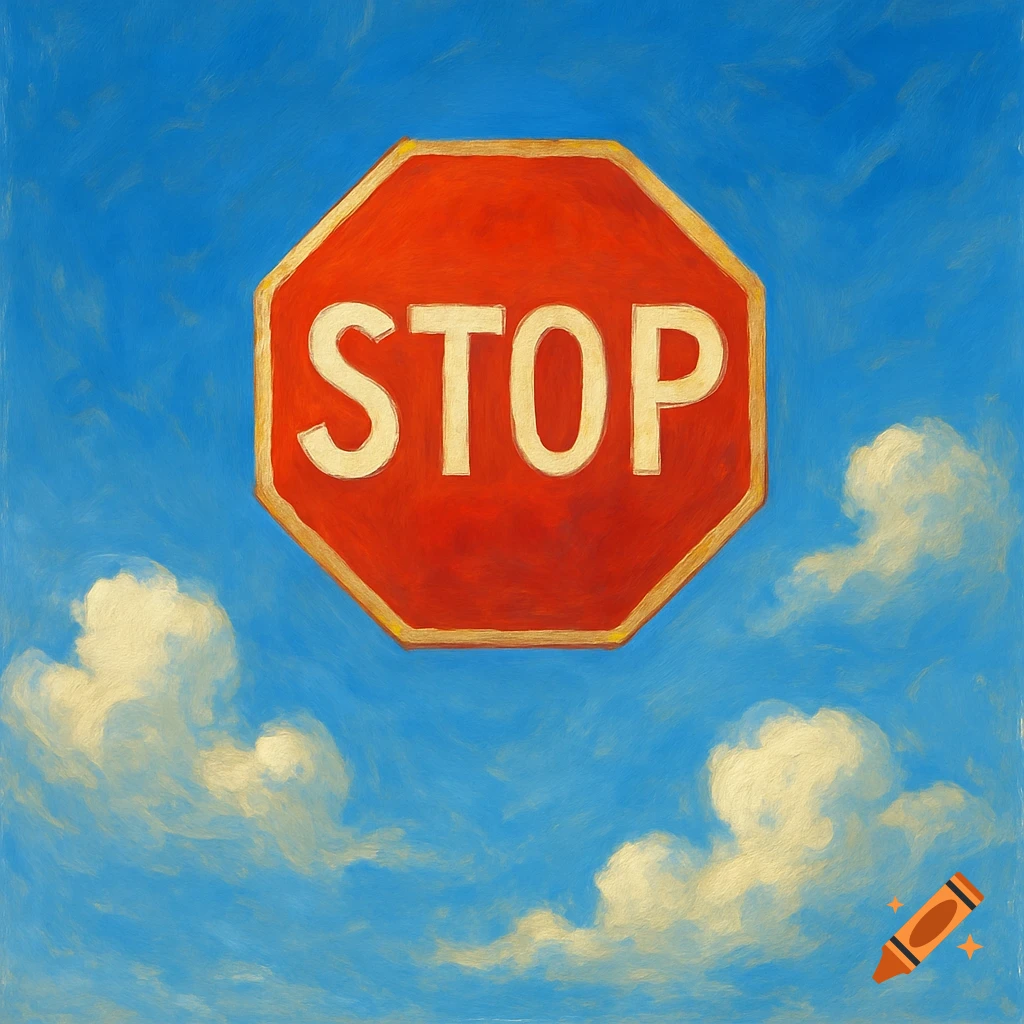 A red stop sign with white 'STOP' text floats in a bright blue sky with white clouds, in a painterly style.