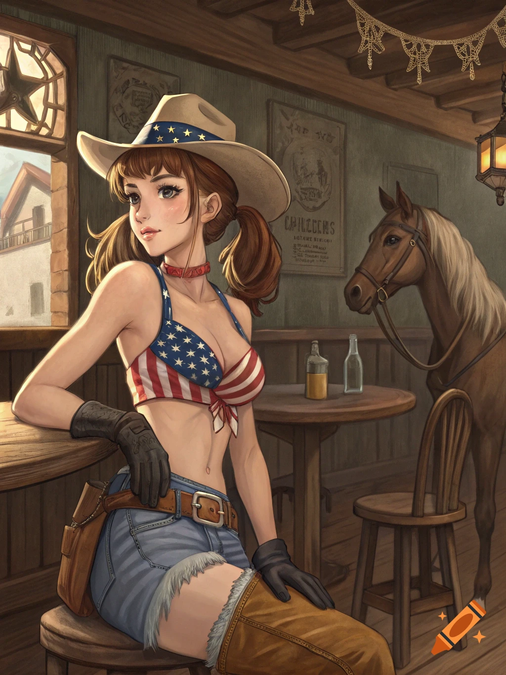 Anime-style cowgirl in American flag bikini top and shorts, sitting at a saloon bar with a horse nearby.