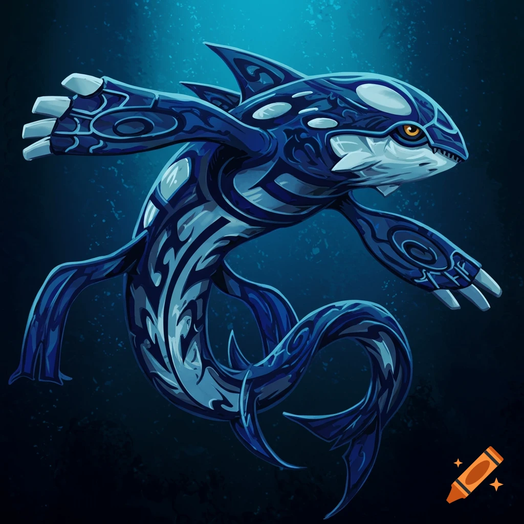 A stylized blue aquatic creature resembling Kyogre, rendered in a tribal tattoo art style against a dark blue background.