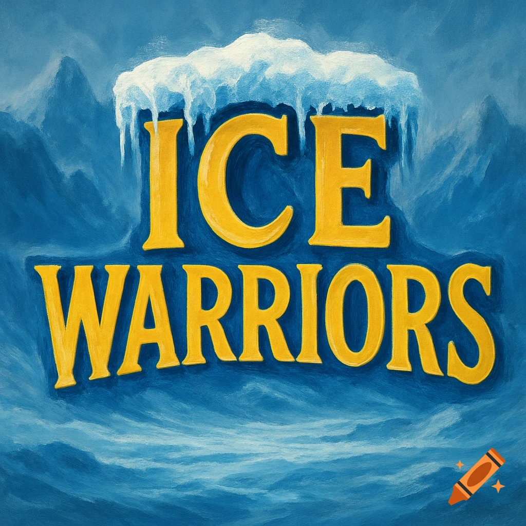 A logo-style image with the words 'ICE WARRIORS' in golden letters, topped with white ice, against a blue, painterly background featuring swirling water and icy peaks.