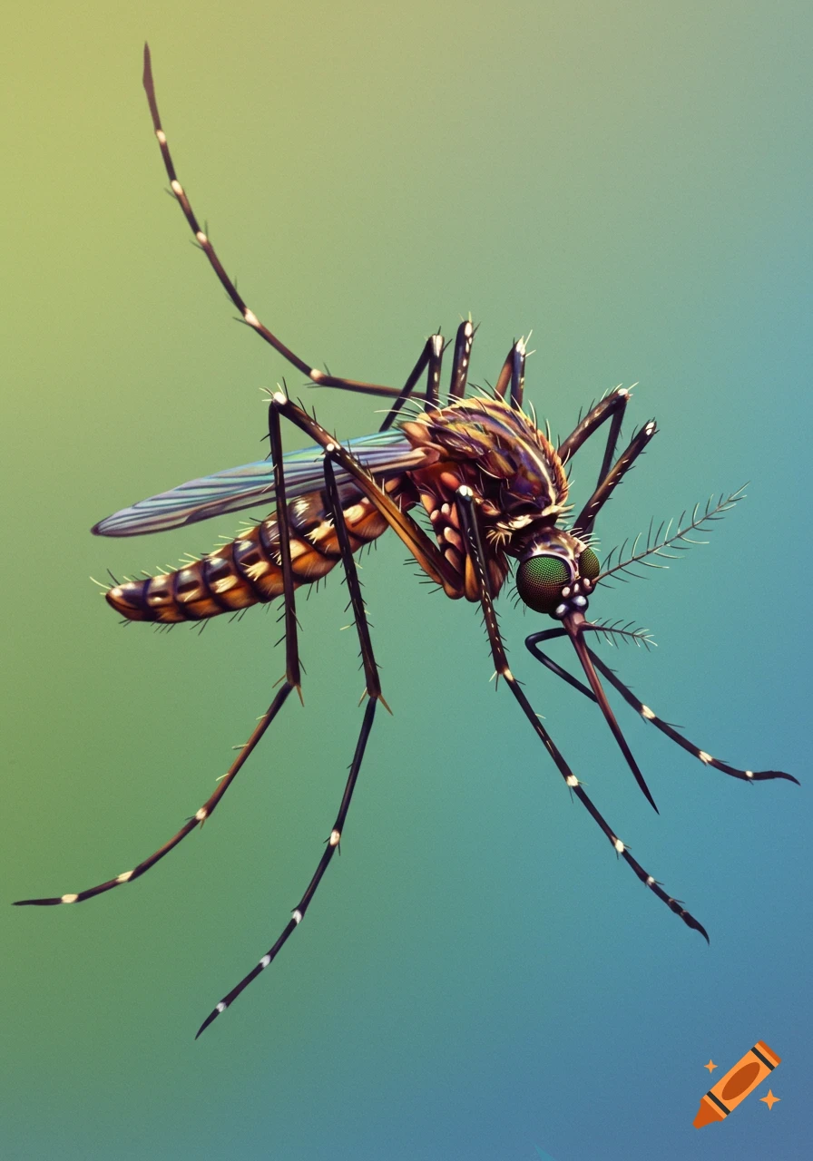 A detailed illustration of a mosquito with a colorful body and green eyes against a gradient green and blue background.