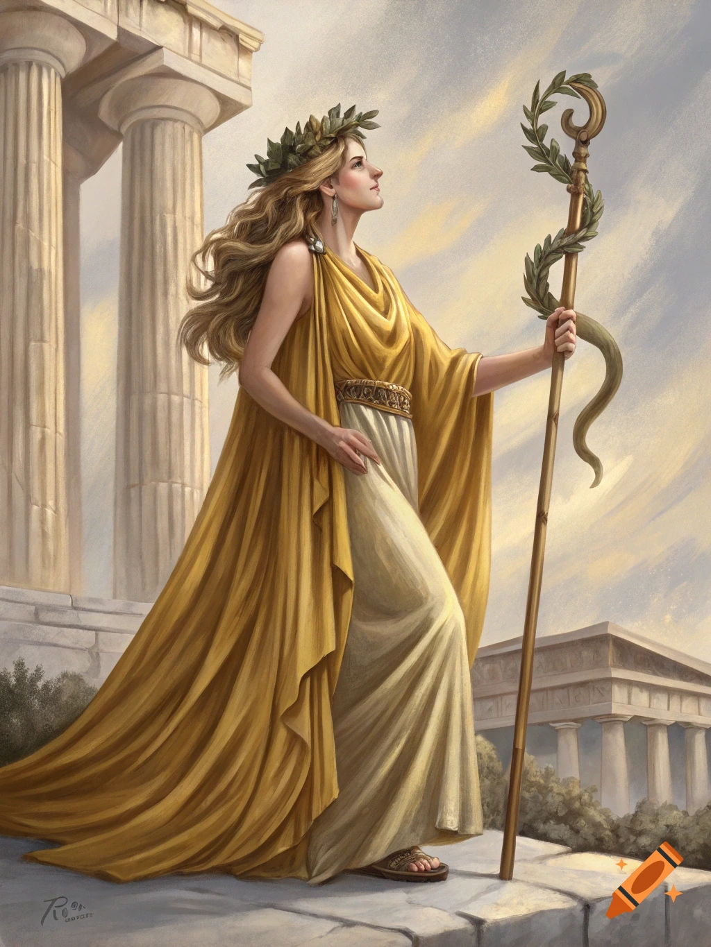 A woman dressed as a golden-robed Greek goddess with a laurel wreath stands before classical columns, holding a staff with a snake.