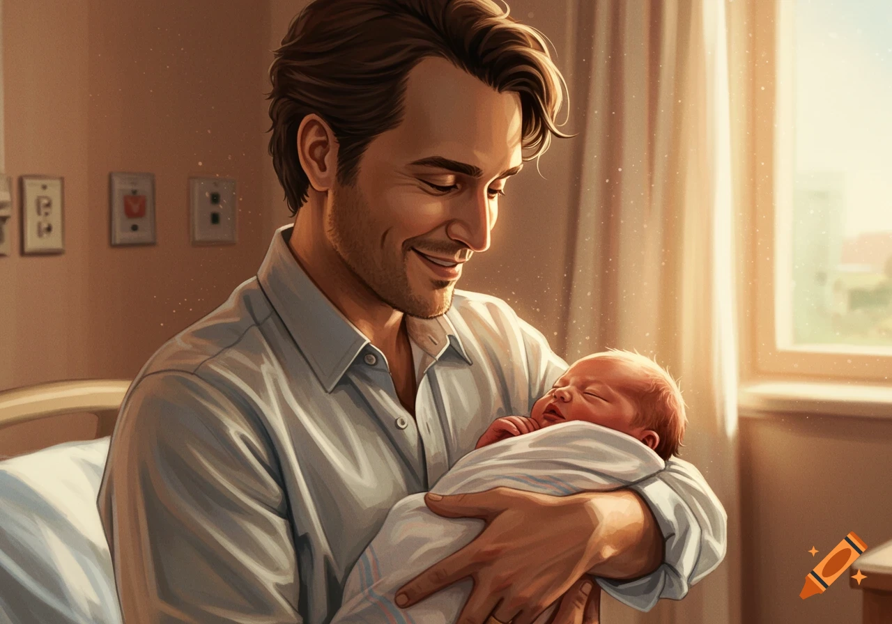 A smiling father holds his swaddled newborn baby in a hospital room, bathed in warm, soft light. Digital art style.