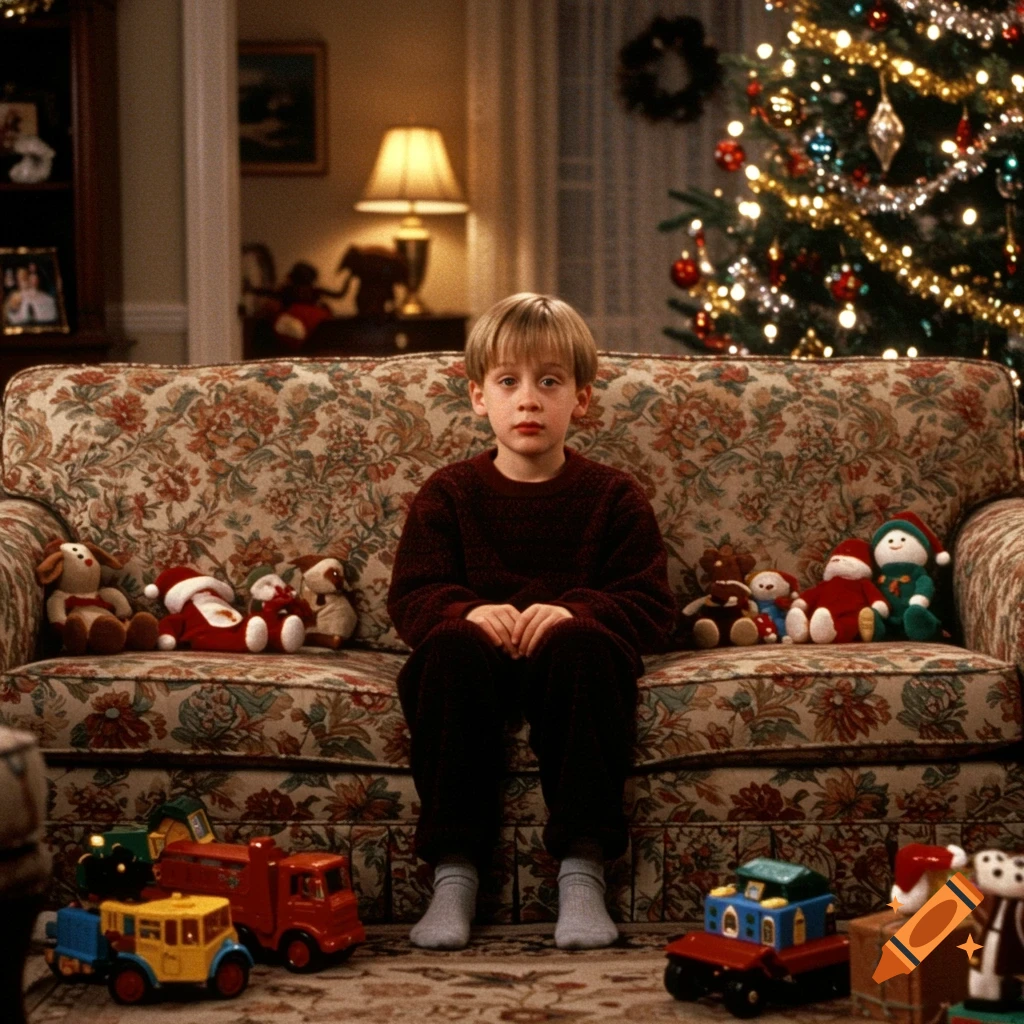 A young boy with blonde hair, Kevin from Home Alone, sits on a floral couch surrounded by stuffed animals and toys, with a Christmas tree in the background.