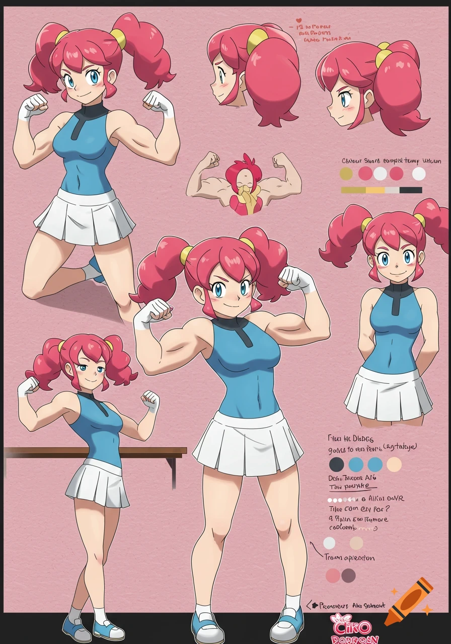 An anime character sheet of Liko from Pokémon Horizons, showing her flexing in various poses with accompanying notes.