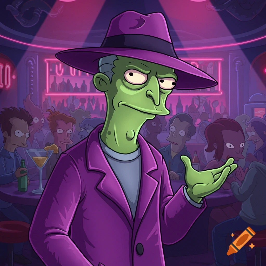 A cartoon image of Slug Mckenzie, a green-skinned alien in a purple fedora and suit jacket, standing in a neon-lit bar with other patrons.