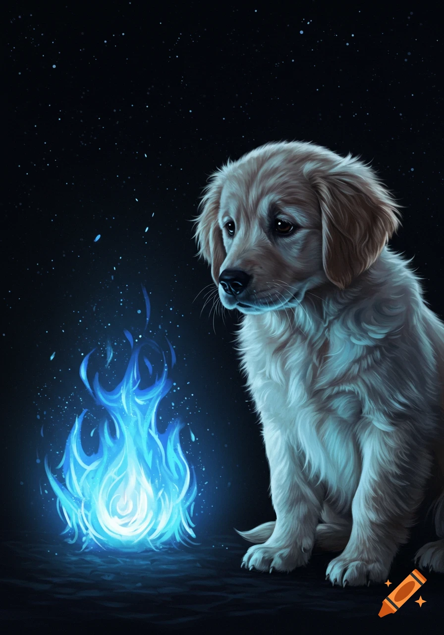 Sad golden retriever puppy next to glowing blue fire on a dark, starry night.