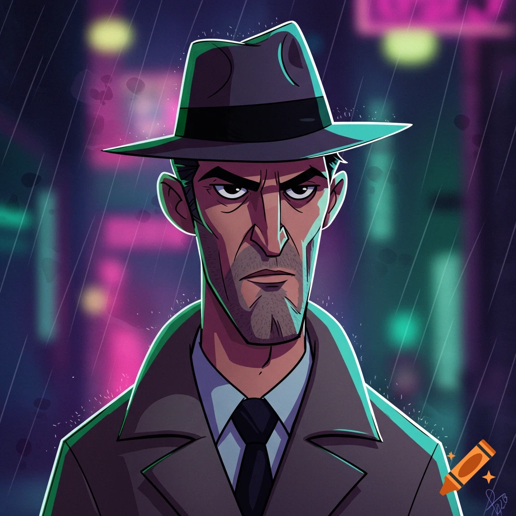 A stern, animated detective in a trench coat and fedora stands in the rain with neon lights in the background.