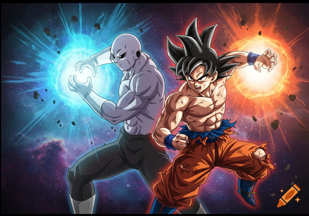 Goku and Jiren from Dragon Ball, facing each other in space with glowing energy orbs.
