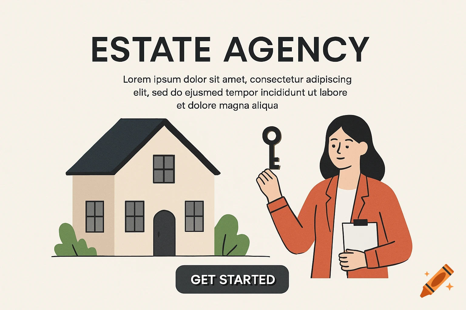 A flat illustration of a house and a woman holding a key with "ESTATE AGENCY" text and "GET STARTED" button.