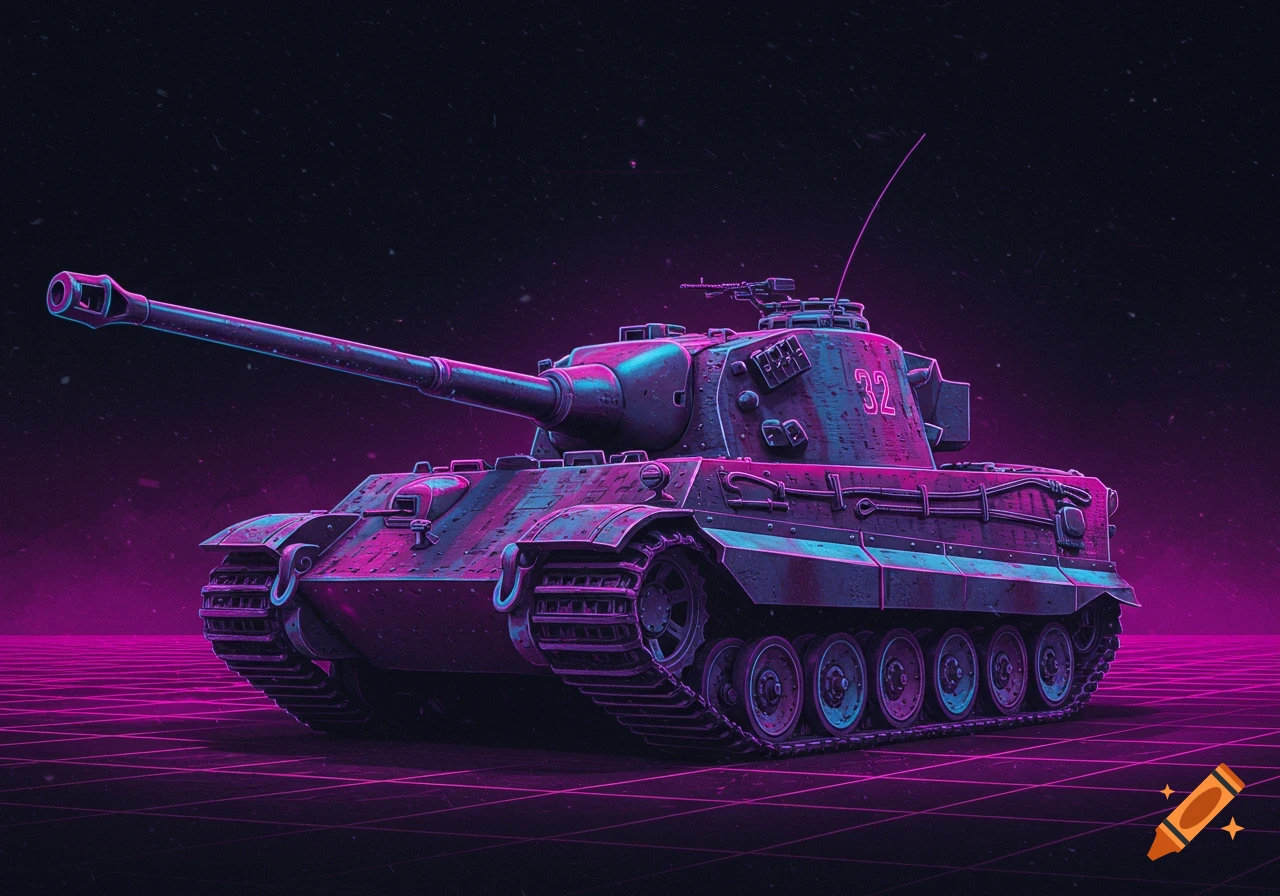 A vibrant pink and blue neon Jagdtiger tank stands on a glowing grid ground in a synthwave style.