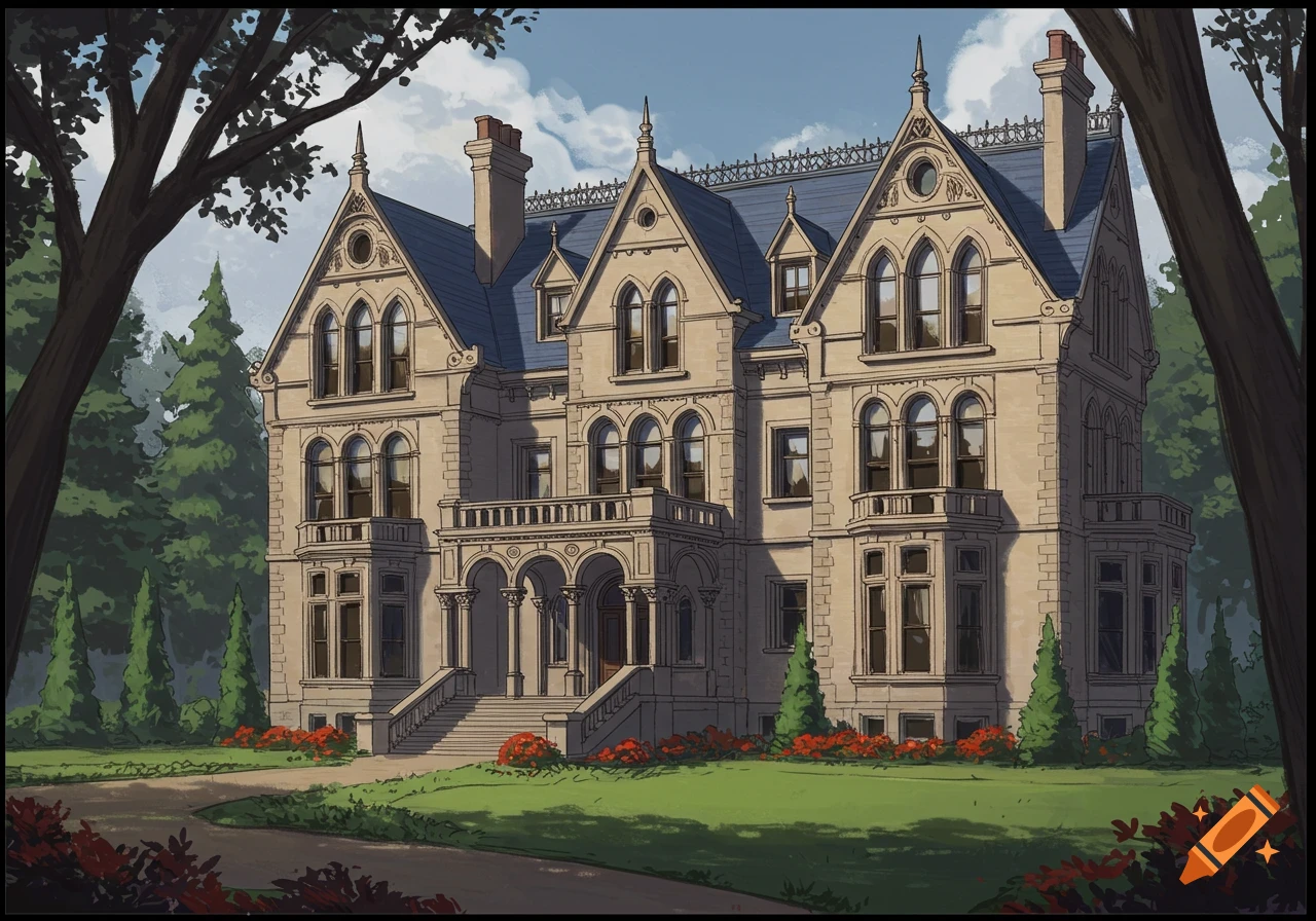 An elegant Gothic Revival mansion with Greek elements, surrounded by trees and gardens, under a cloudy sky, in an illustrative style.