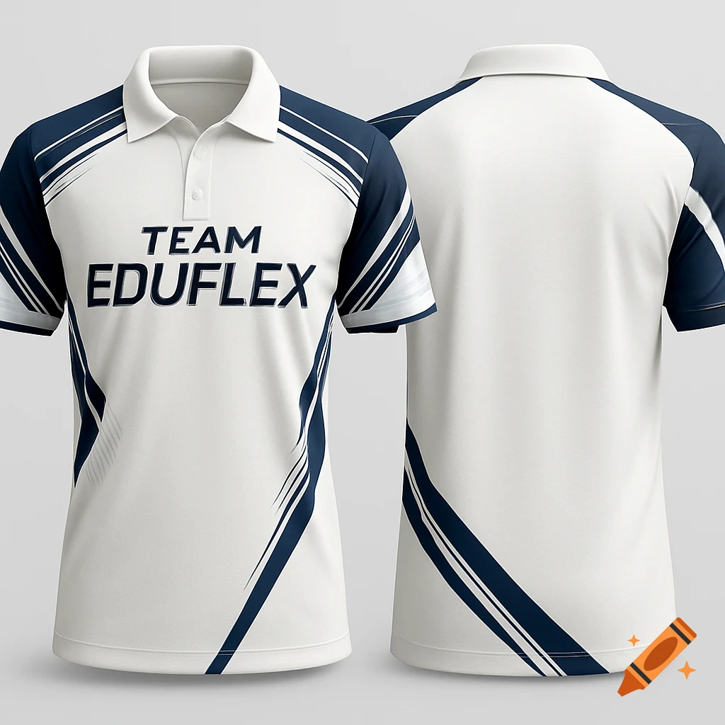 Front and back view of a white polo shirt with dark blue accents and 'TEAM EDUFLEX' text on the chest, designed as a professional cricket jersey.