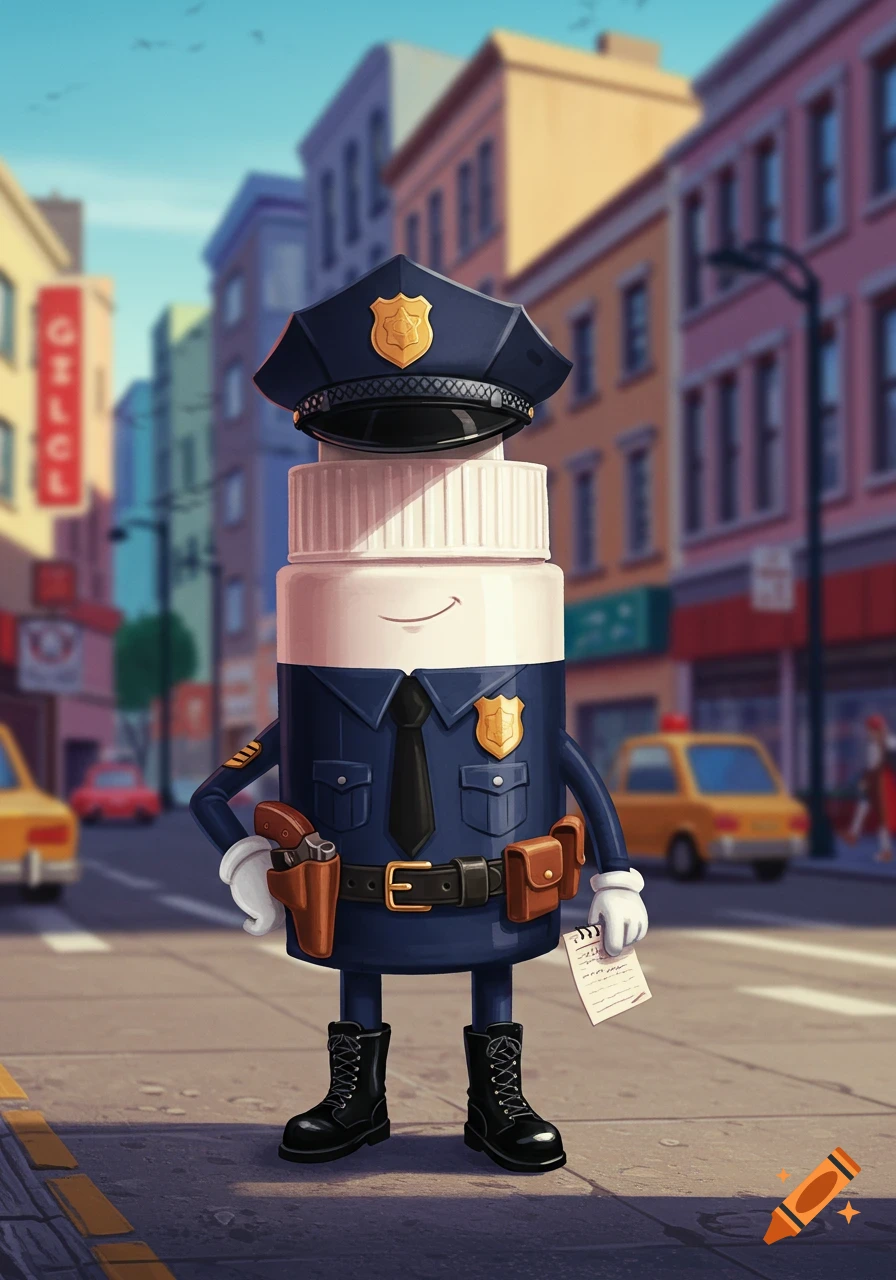 Cartoon character of a glue stick wearing a police uniform stands on a city street, holding a piece of paper.