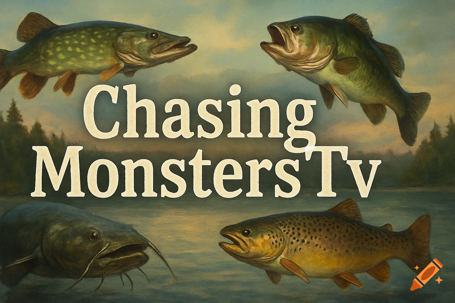 Four fish (pike, bass, catfish, trout) surrounding the title 'Chasing Monsters'Tv' above a lake and forest, in a painted style.