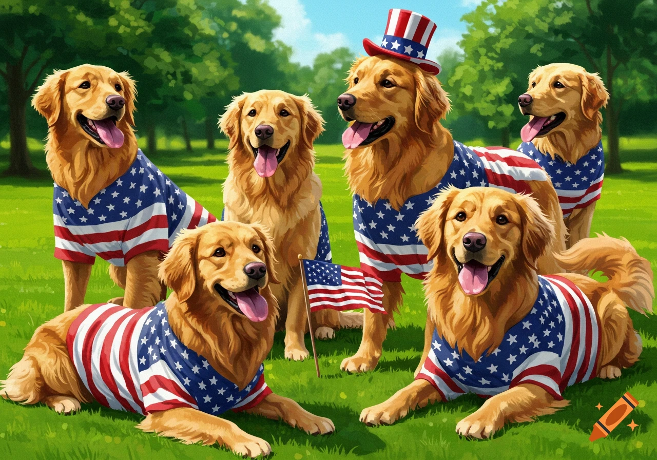 Five golden retriever dogs in patriotic American flag shirts and a hat, posing in a grassy park, rendered in an illustration style.