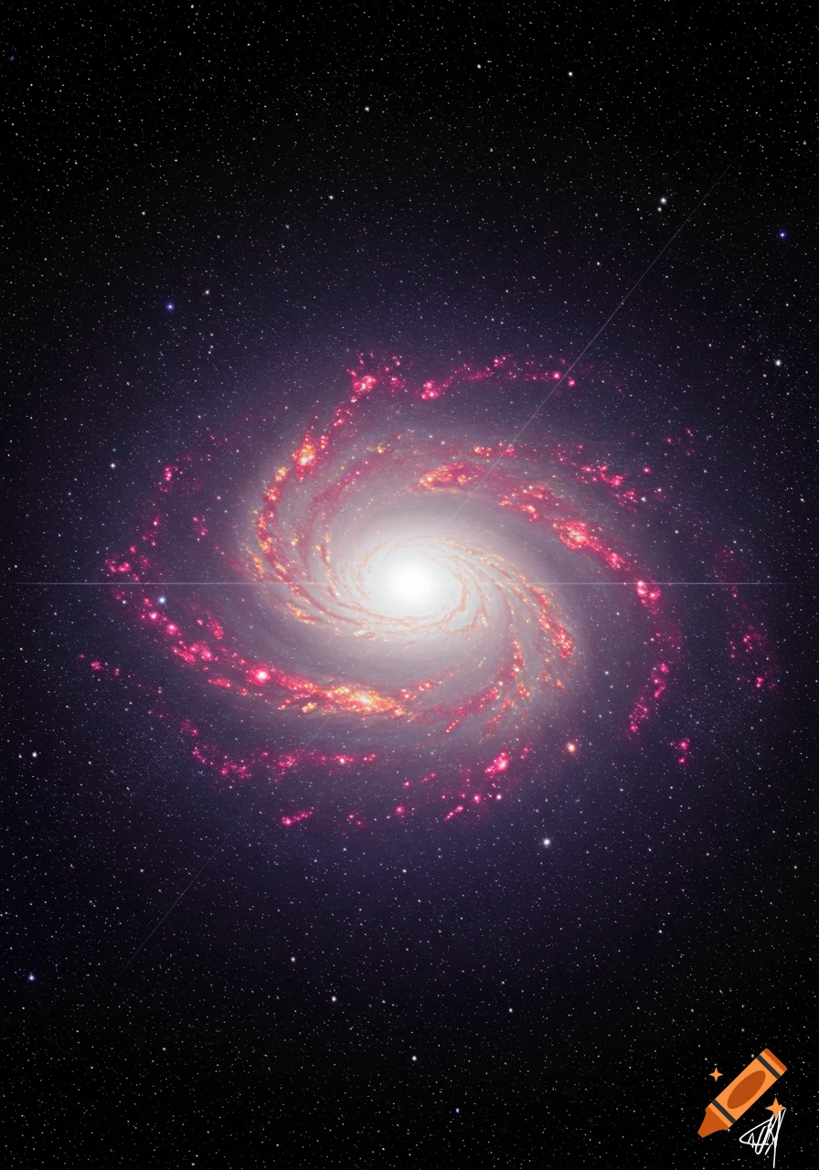 A vibrant spiral galaxy with bright pink and red star clusters and a glowing white core against a dark, star-filled background.