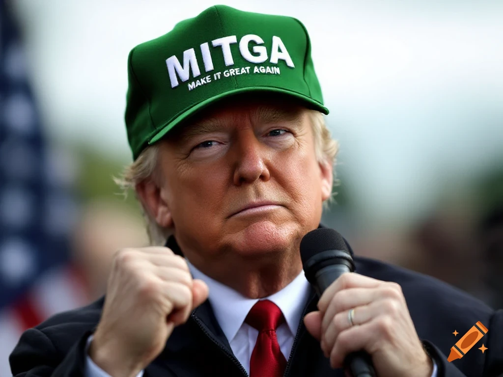 Donald Trump, wearing a green cap with 'MITGA MAKE IT GREAT AGAIN', stands with a microphone.