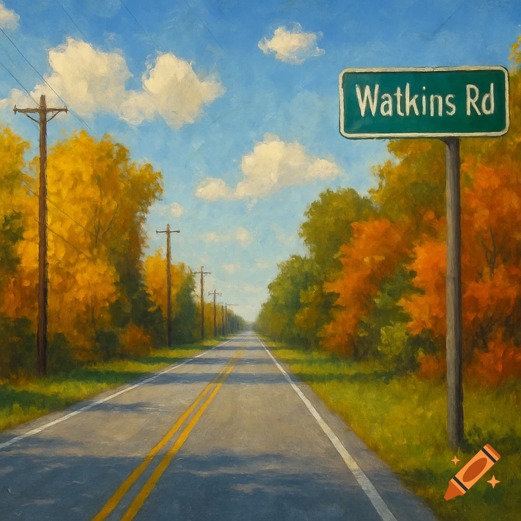 A painterly autumn landscape featuring a road leading into the distance, lined with fall trees and utility poles, with a 'Watkins Rd' sign.