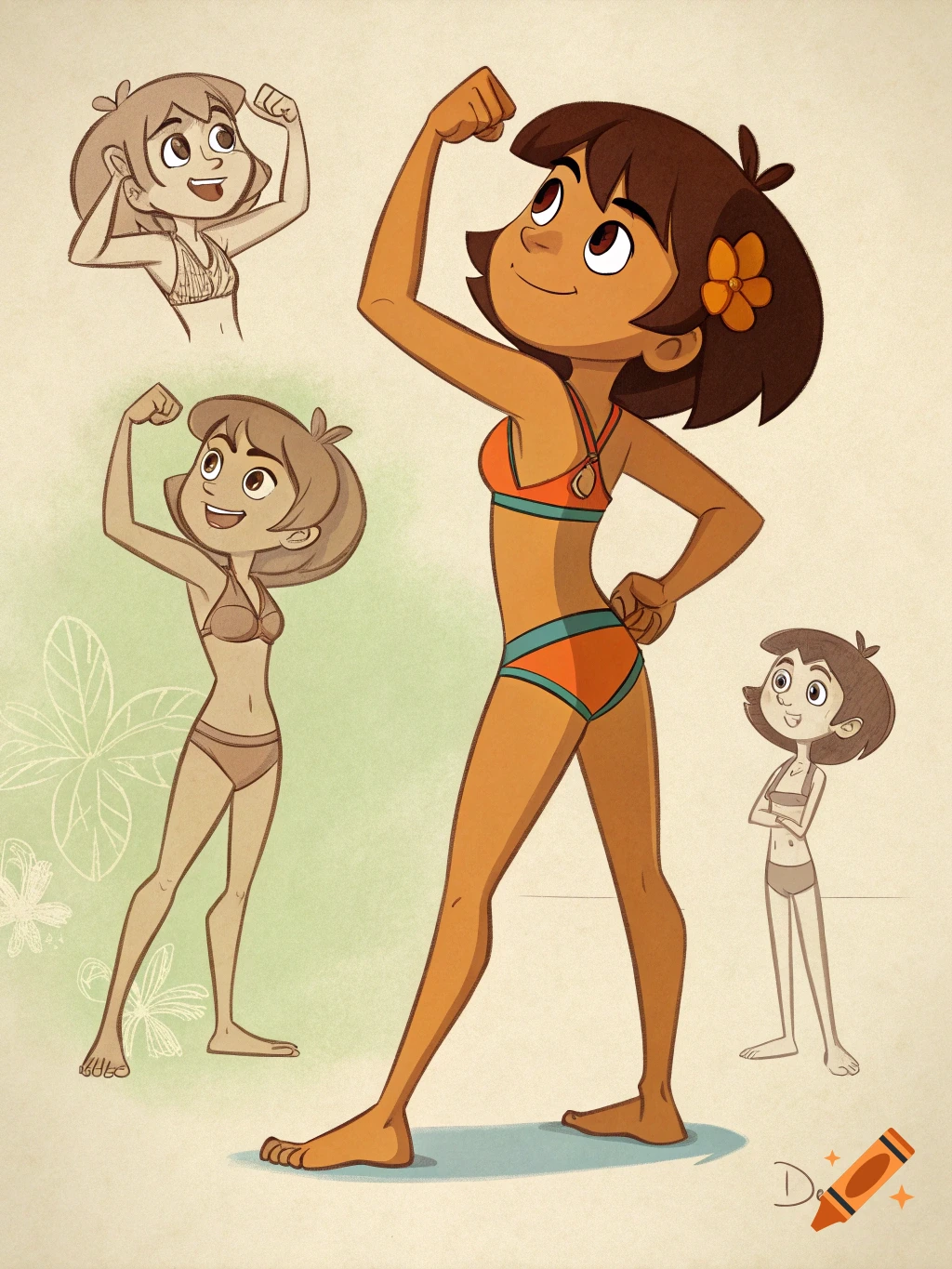 Cartoon girl with dark hair in orange and blue bikini flexing, part of a character model sheet.