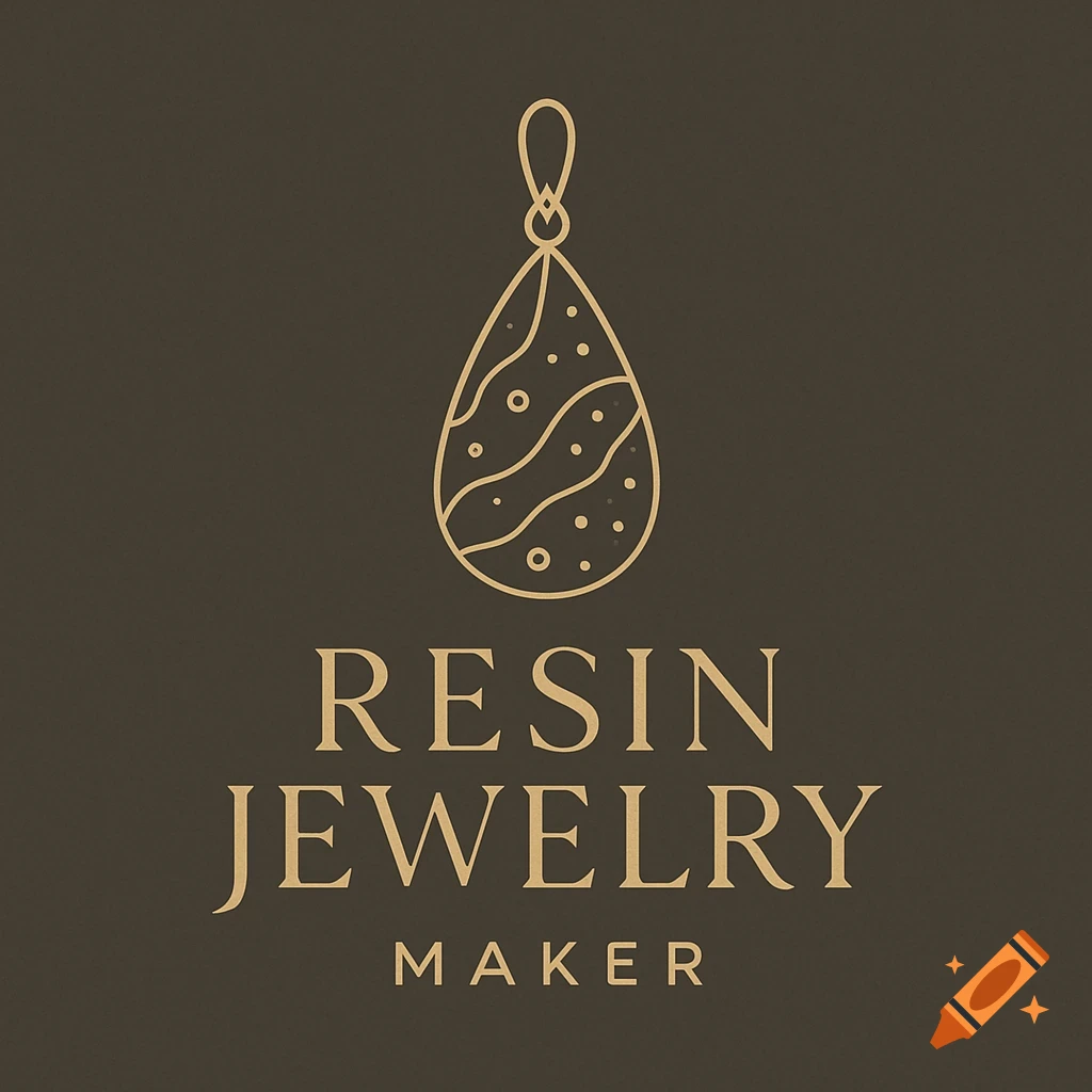 An elegant logo featuring a golden stylized teardrop pendant above the words 'RESIN JEWELRY MAKER' on a dark brown background.