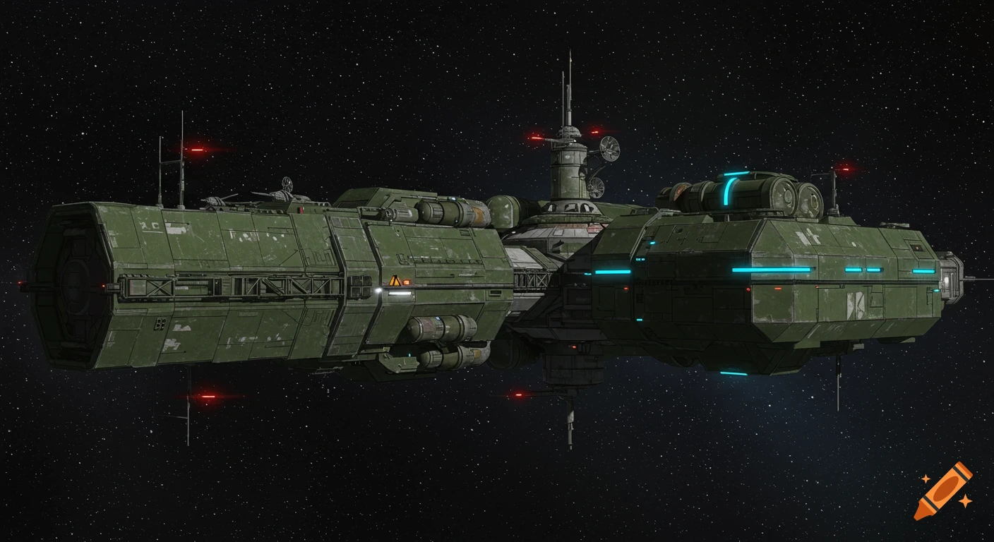 A sturdy, angular military green space station with red warning lights and blue glowing panels, floats in the black void of deep space, surrounded by countless stars.