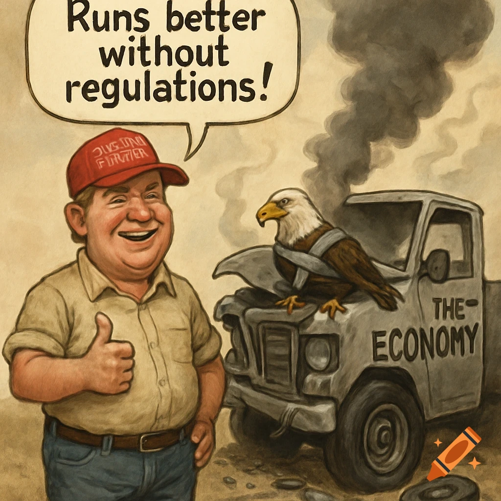 A man in a red hat gives a thumbs up next to a smoking, broken truck labeled 'The Economy' with a bald eagle taped to its hood. He says, 'Runs better without regulations!'