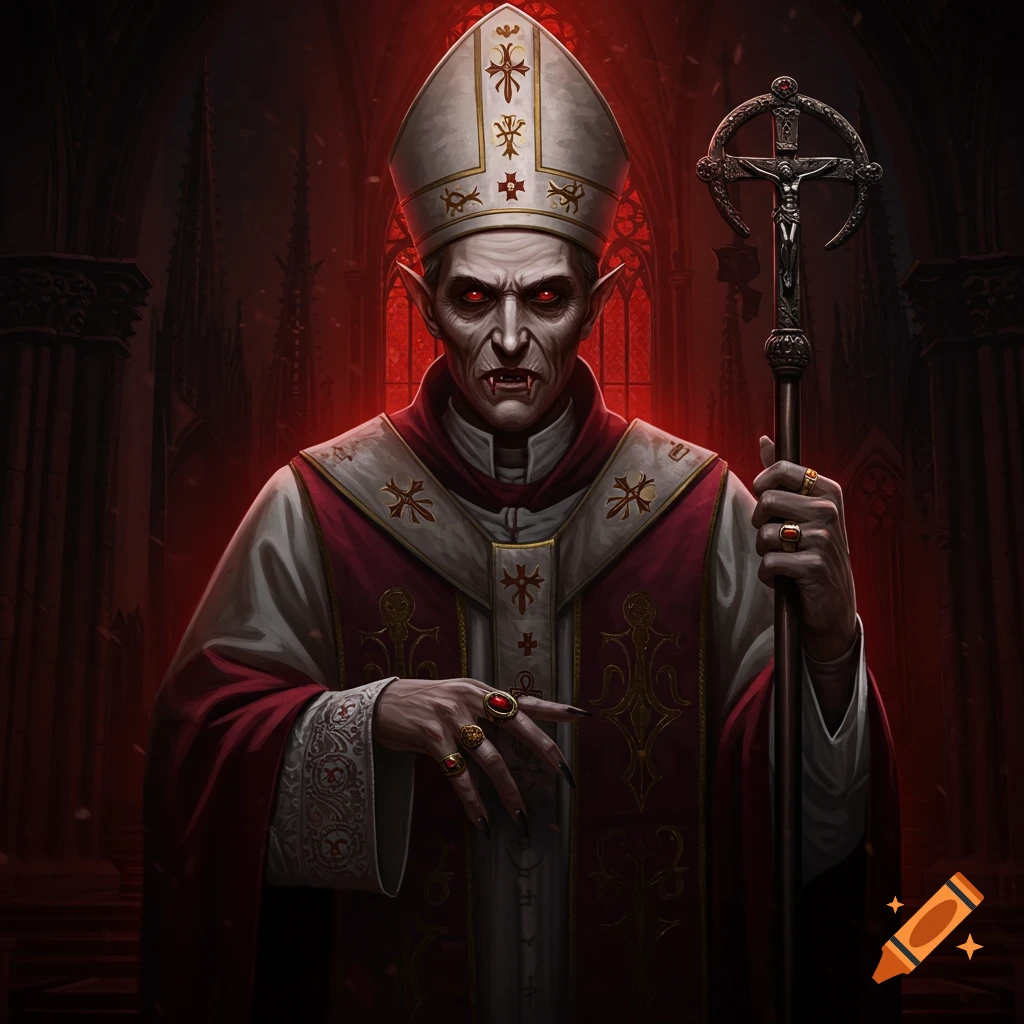A dark fantasy illustration of a vampire pope with glowing red eyes and fangs, holding a crucifix staff in a gothic cathedral.