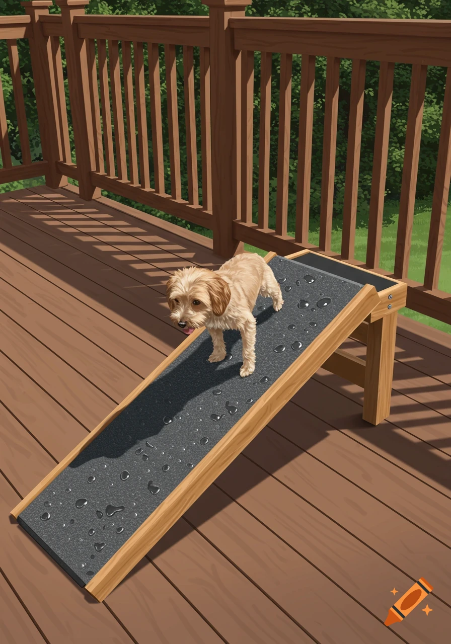 A small fluffy dog stands on a grey pet ramp with water droplets on a wooden deck.