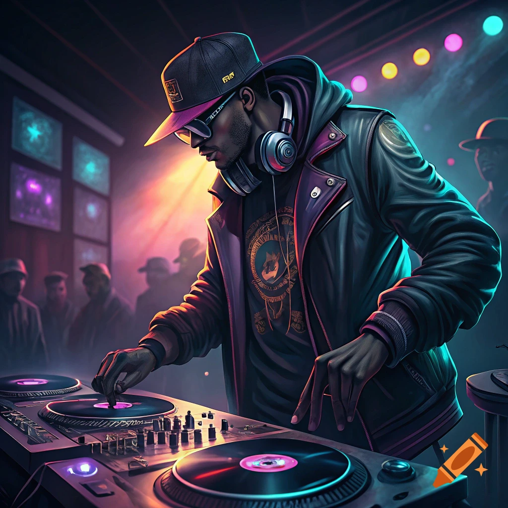 A cool male DJ in a cap and leather jacket performs at turntables in a dark, neon-lit club, with a crowd in the background.