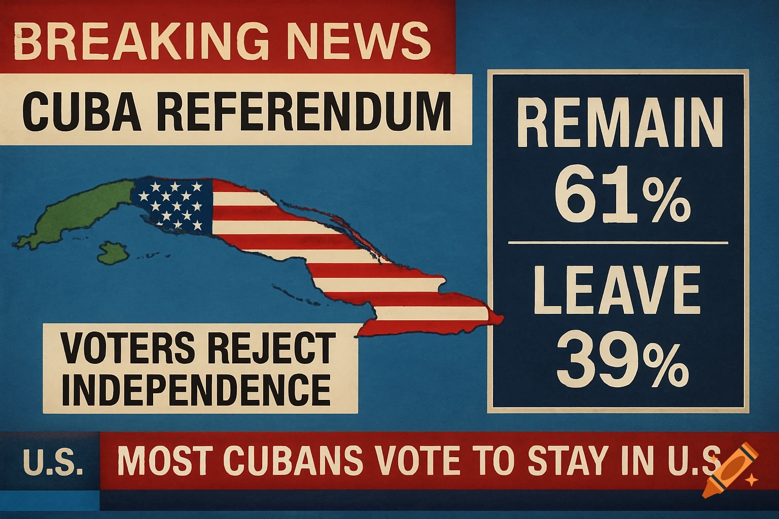A news graphic depicting a fictional Cuba referendum, with a map of Cuba showing the US flag, and text indicating voters rejected independence.