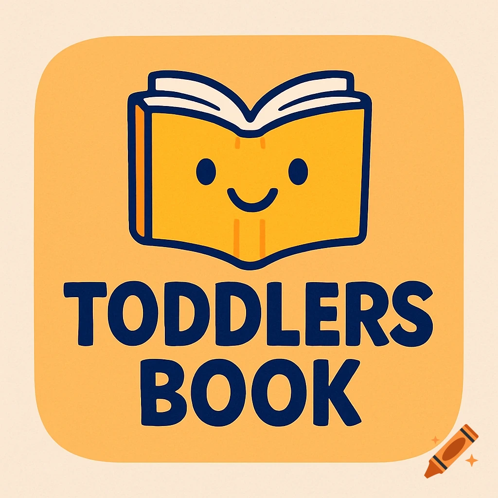 Cartoon logo with a smiling yellow book character and text 'TODDLERS BOOK' on an orange background.