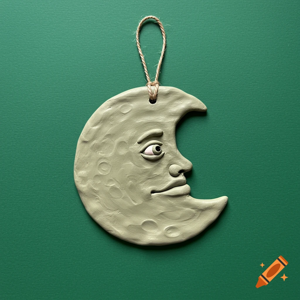 A light green clay crescent moon with a facial expression (eye, nose, lips) and craters, hanging from a loop of twine against a solid dark green background.